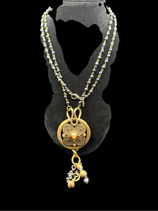 Chico's Jewelry - Chicos Gold and Black Pendant Necklace with Beaded Tassel